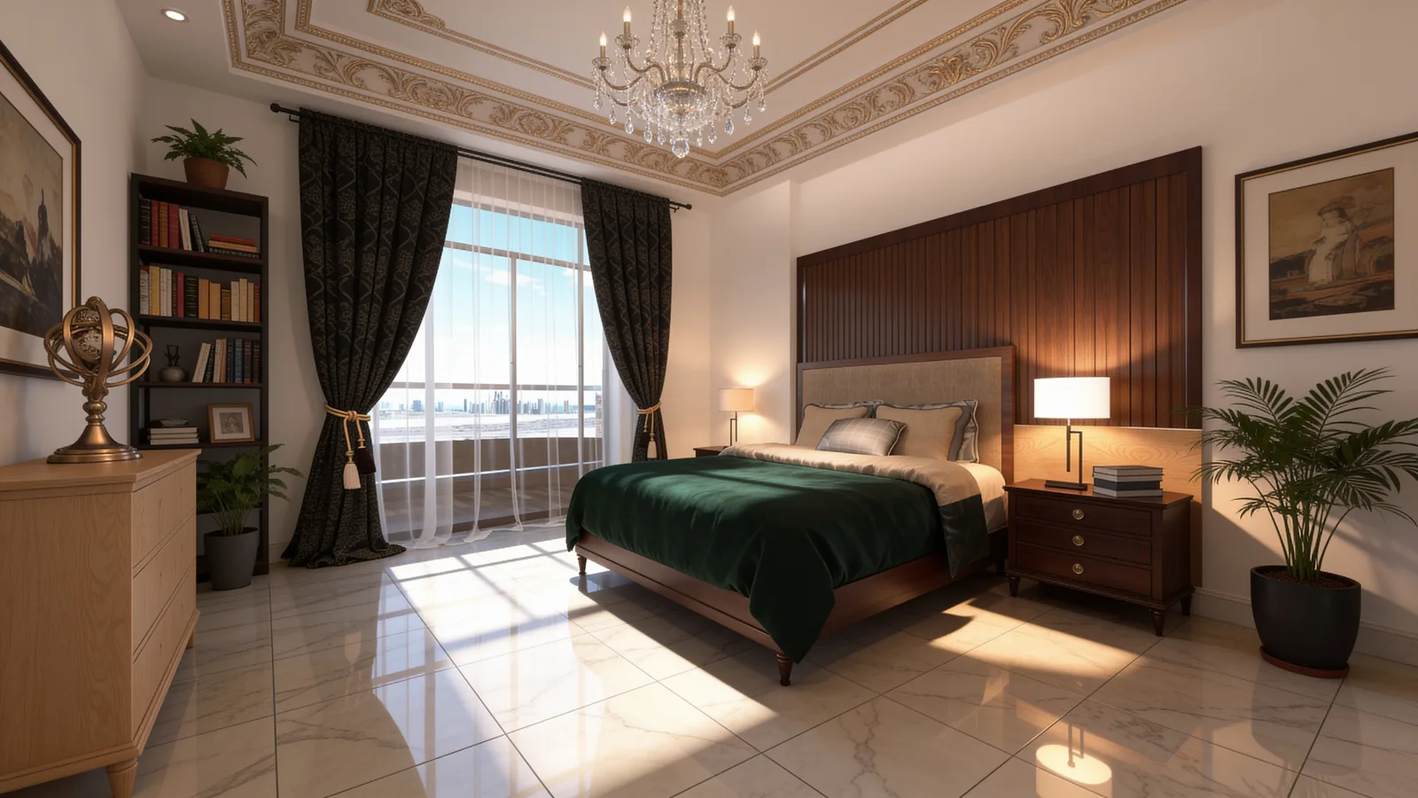 Bedroom with a timber headboard, chandelier and a reading corner