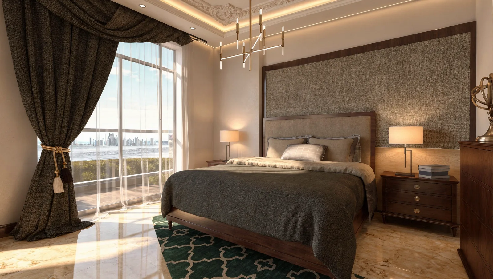 Bedroom with a modern pendant, dark curtains and a patterned rug