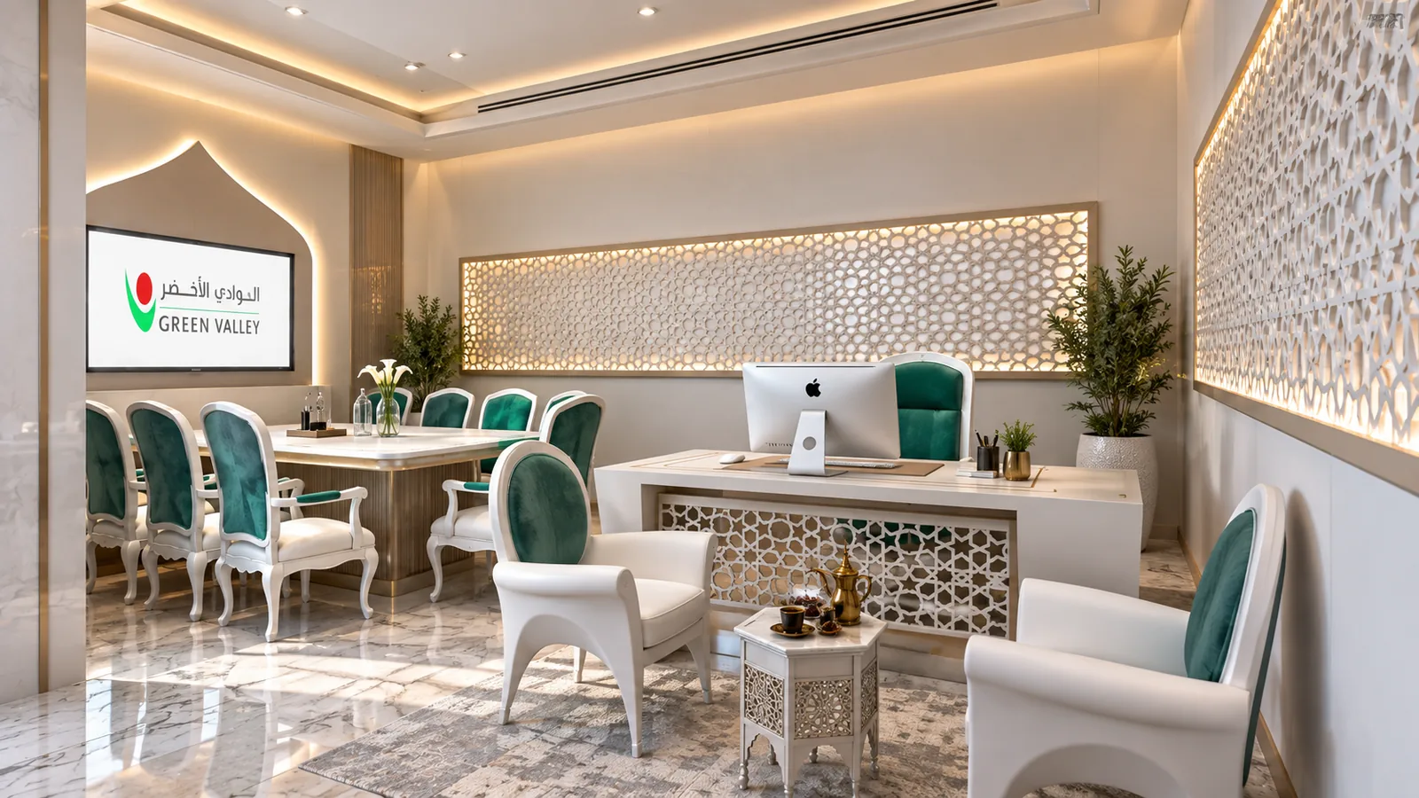 Green Valley Office, Dubai (2017): Islamic-Style Majlis, Reception and Meeting Rooms | Kenania Inventive Arts Executive desk with a lattice front facing the meeting table