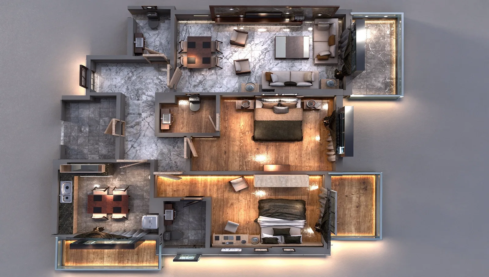 Family apartment type as a 3D plan: living, dining, kitchen and bedrooms around the entrance