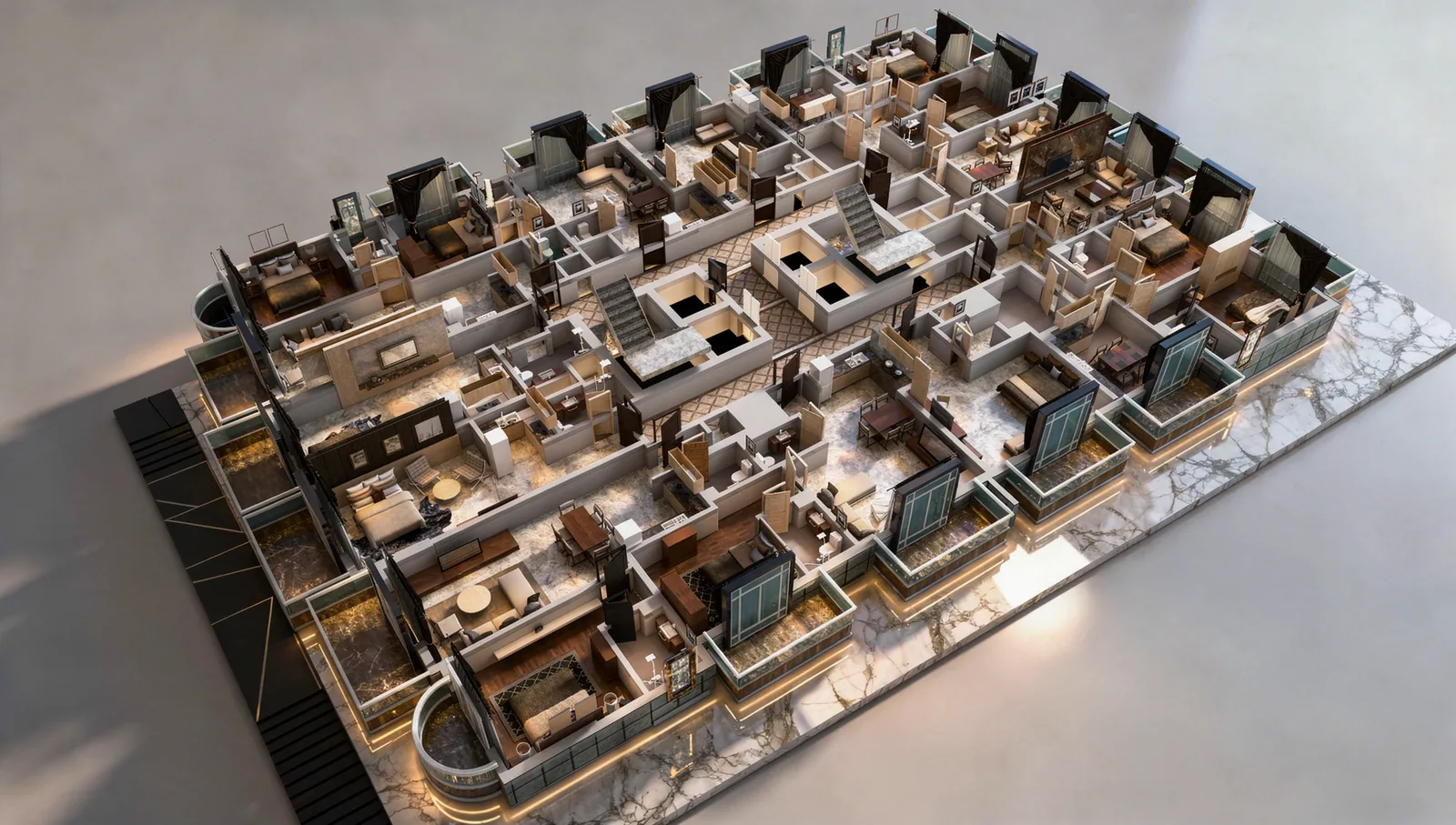 The furnished floor model from another angle, showing every unit type side by side