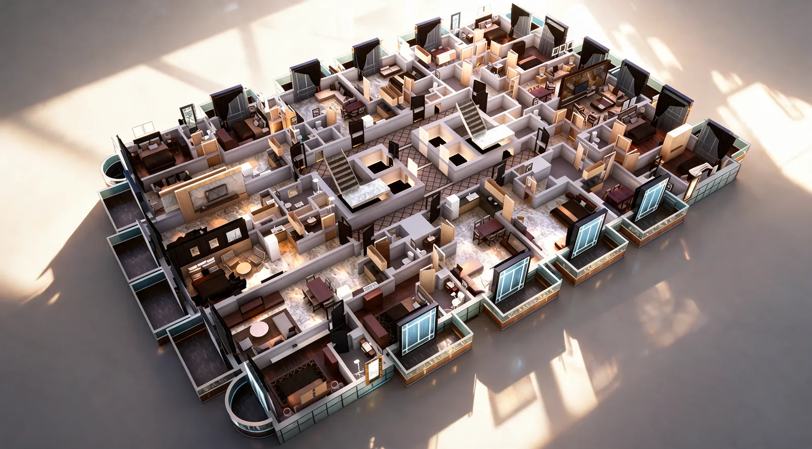 The full floor as a furnished 3D model in daylight
