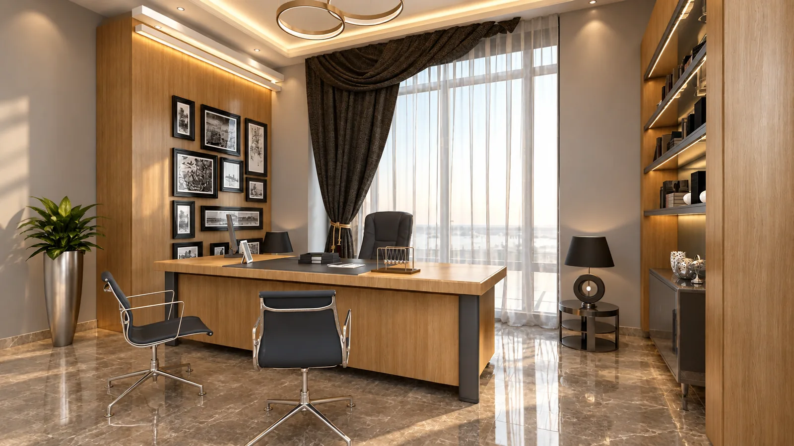 Home office with a timber desk, gallery wall and full-height window