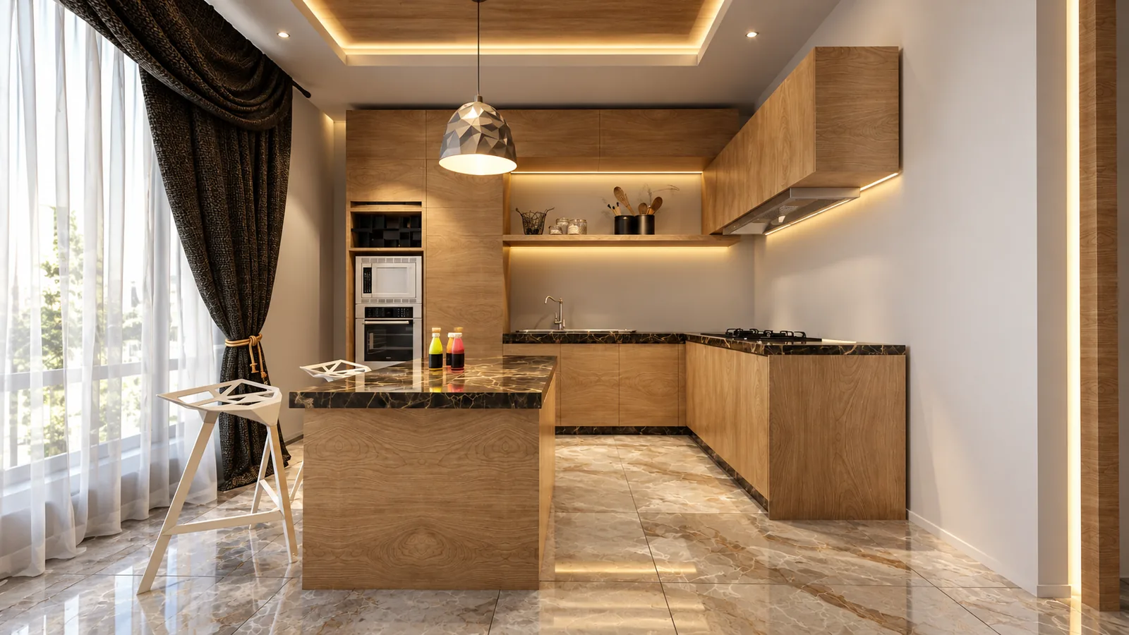 Kitchen with warm cove lighting over timber cabinets and a stone island