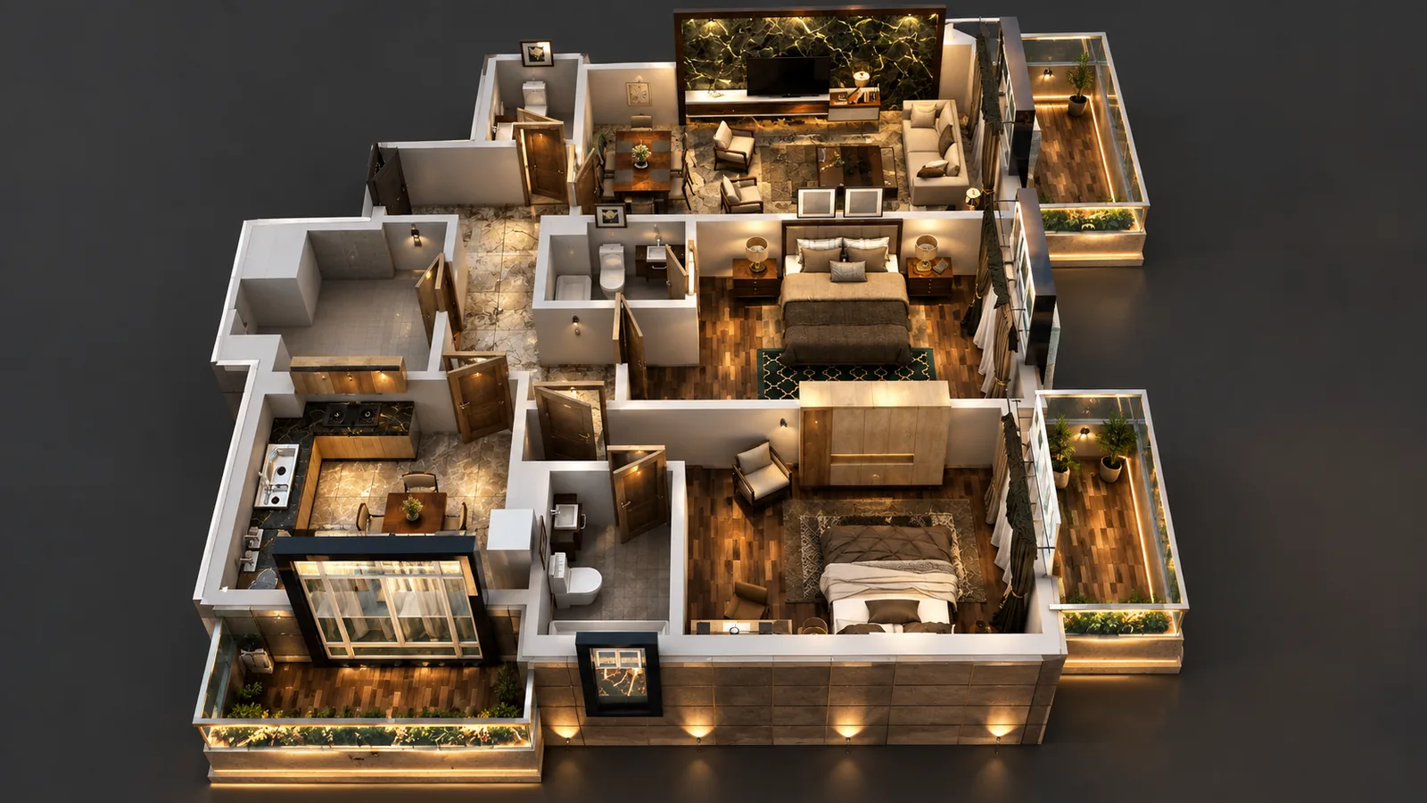 Largest apartment type as a 3D plan with a long balcony and three bedrooms