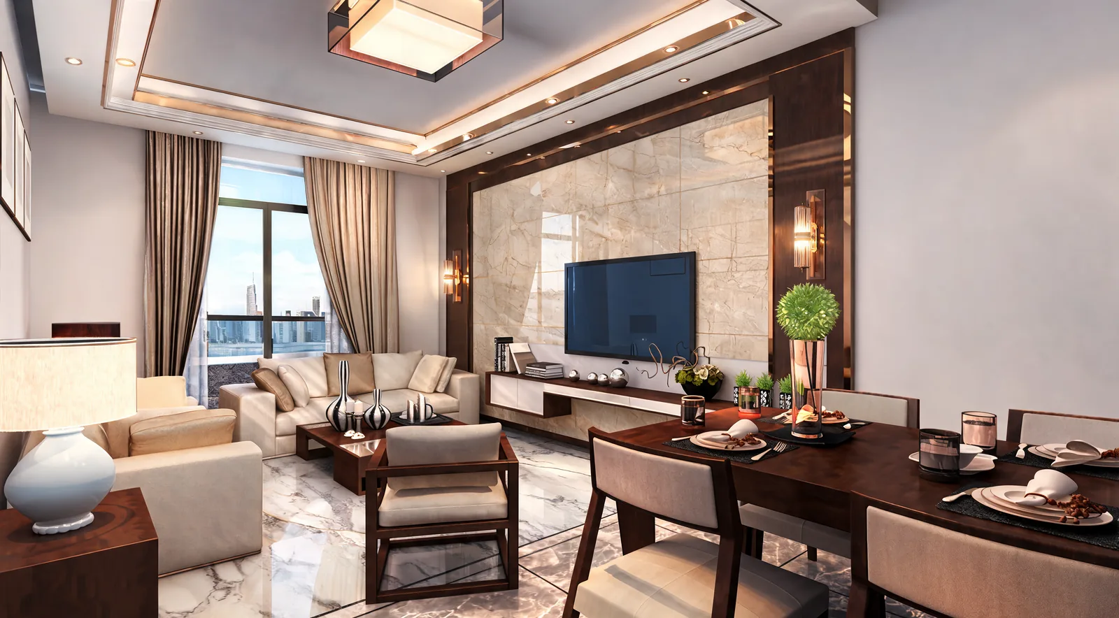 Living and dining room with a stone TV wall, cream sofas and a dining table by the window