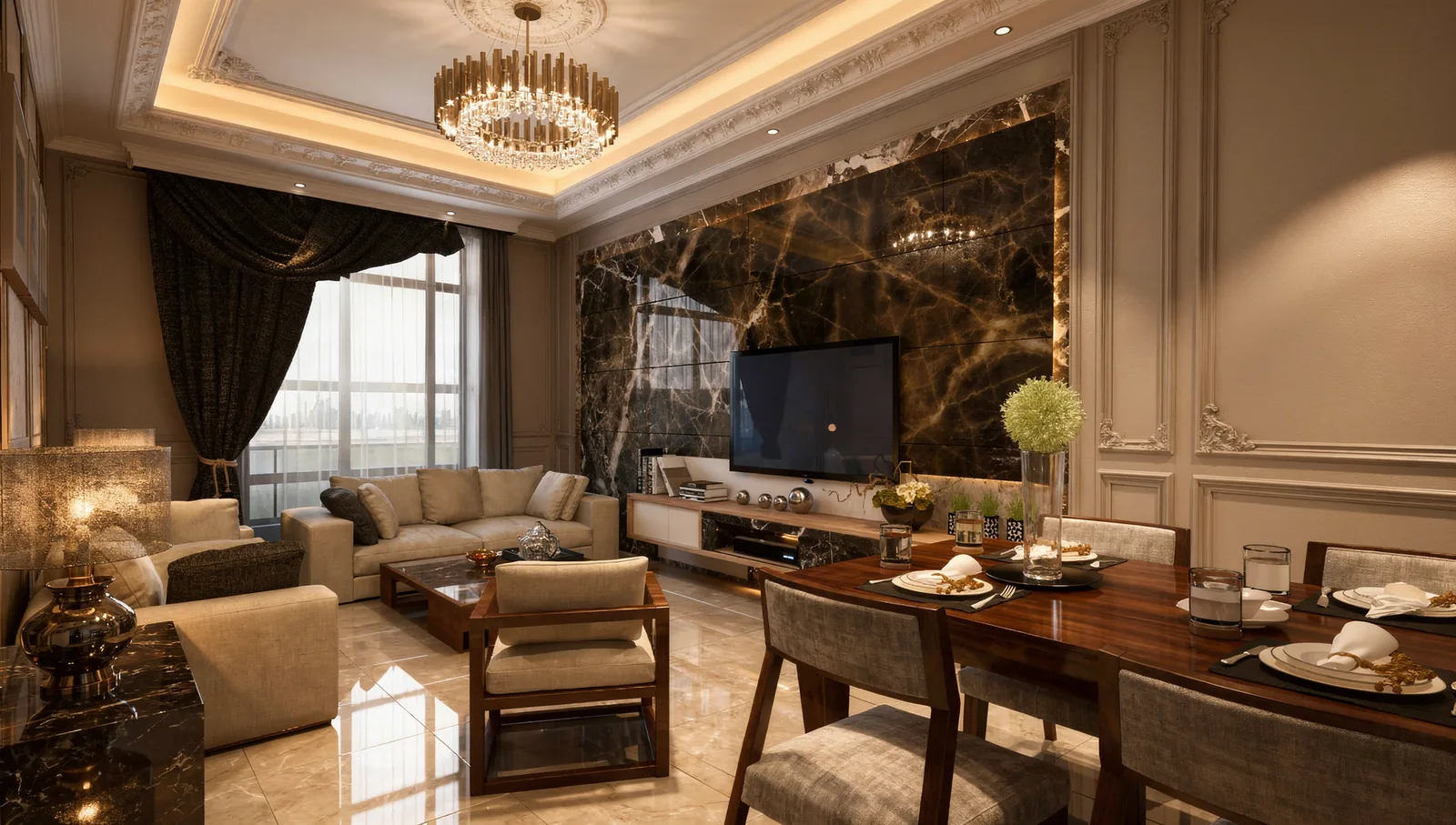 Formal living room with a crystal chandelier, dark marble wall and panelled walls
