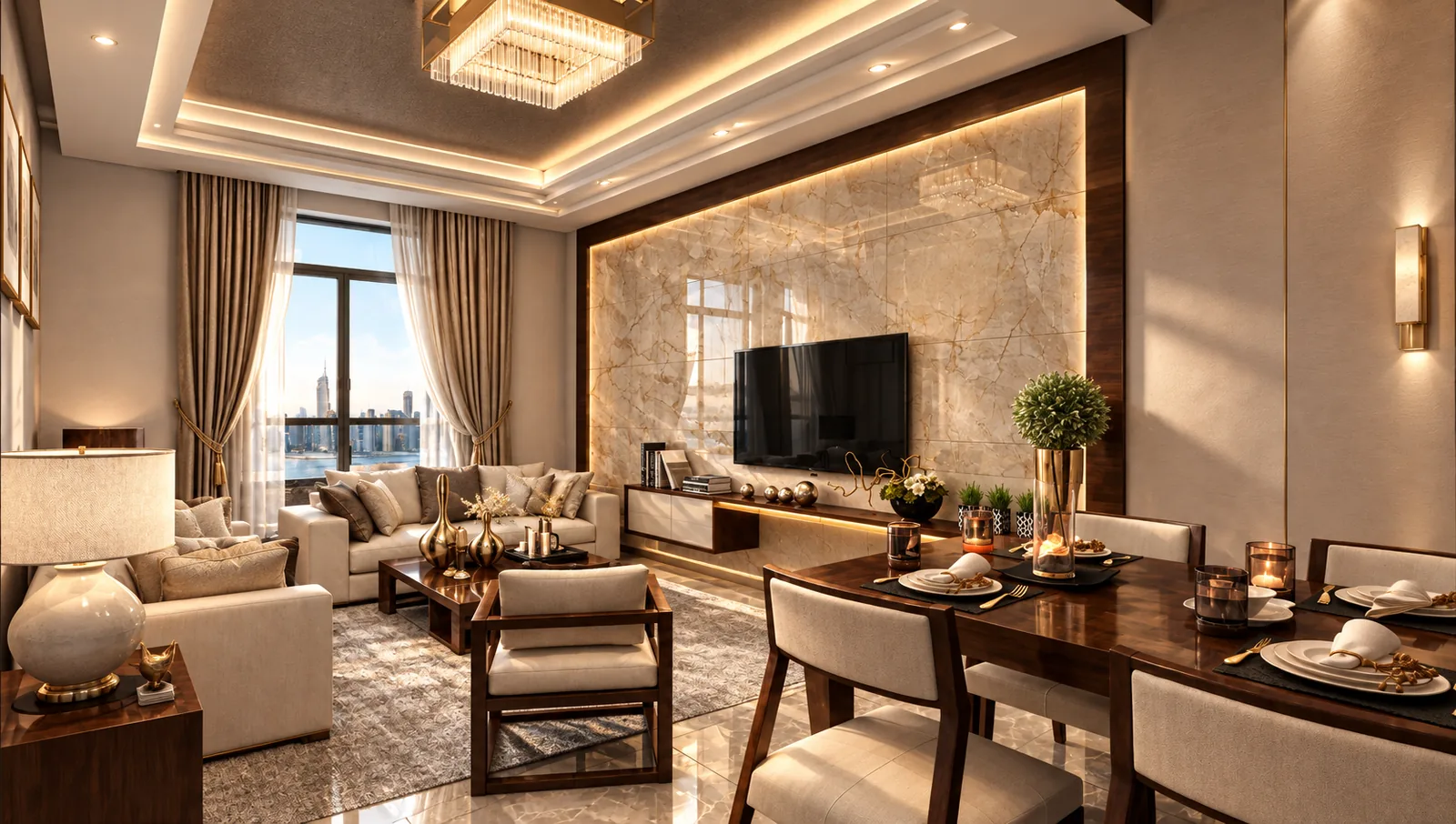 Living room with cove lighting, a timber-framed TV wall and the dining table beyond