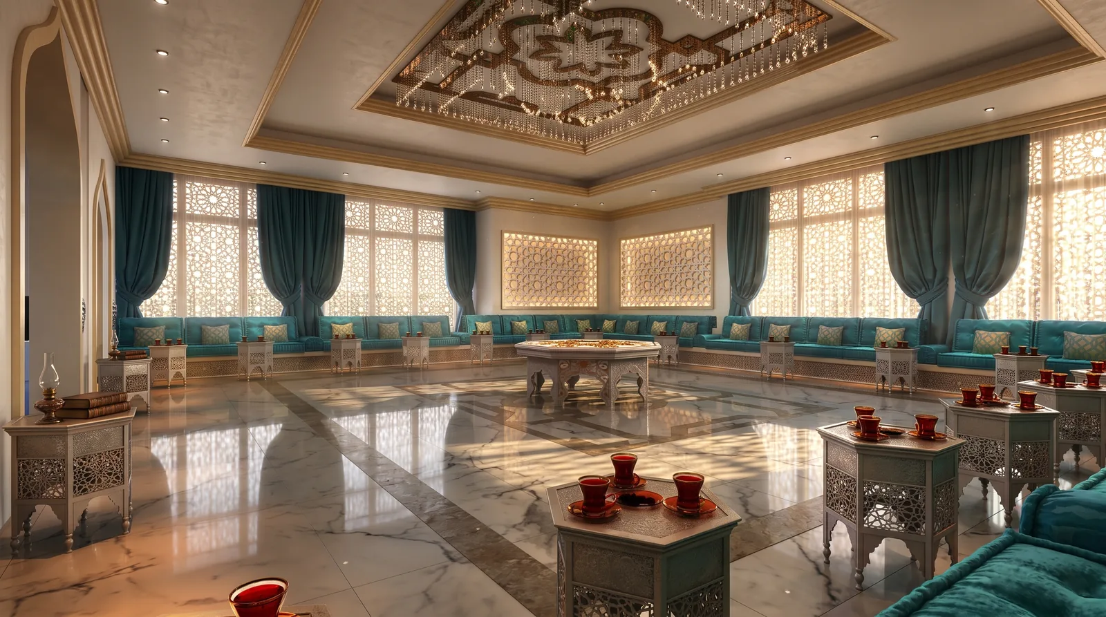 Majlis design: Majlis seen under its carved ceiling with crystal lights and backlit lattice panels