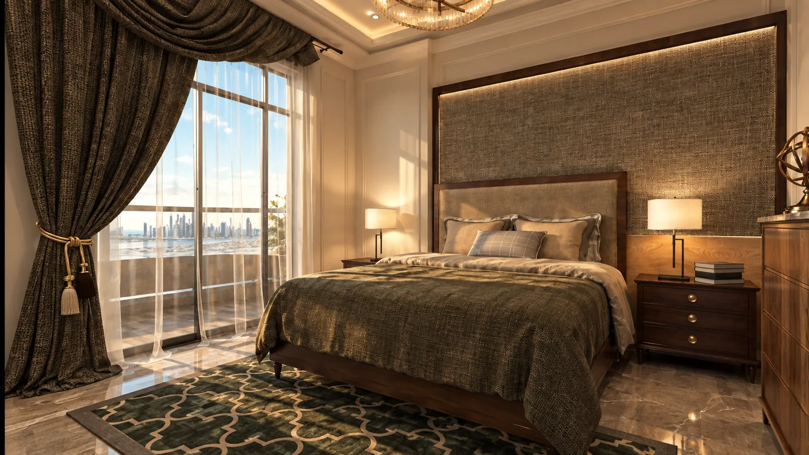 Master bedroom with an upholstered headboard wall, bedside lamps and a city view