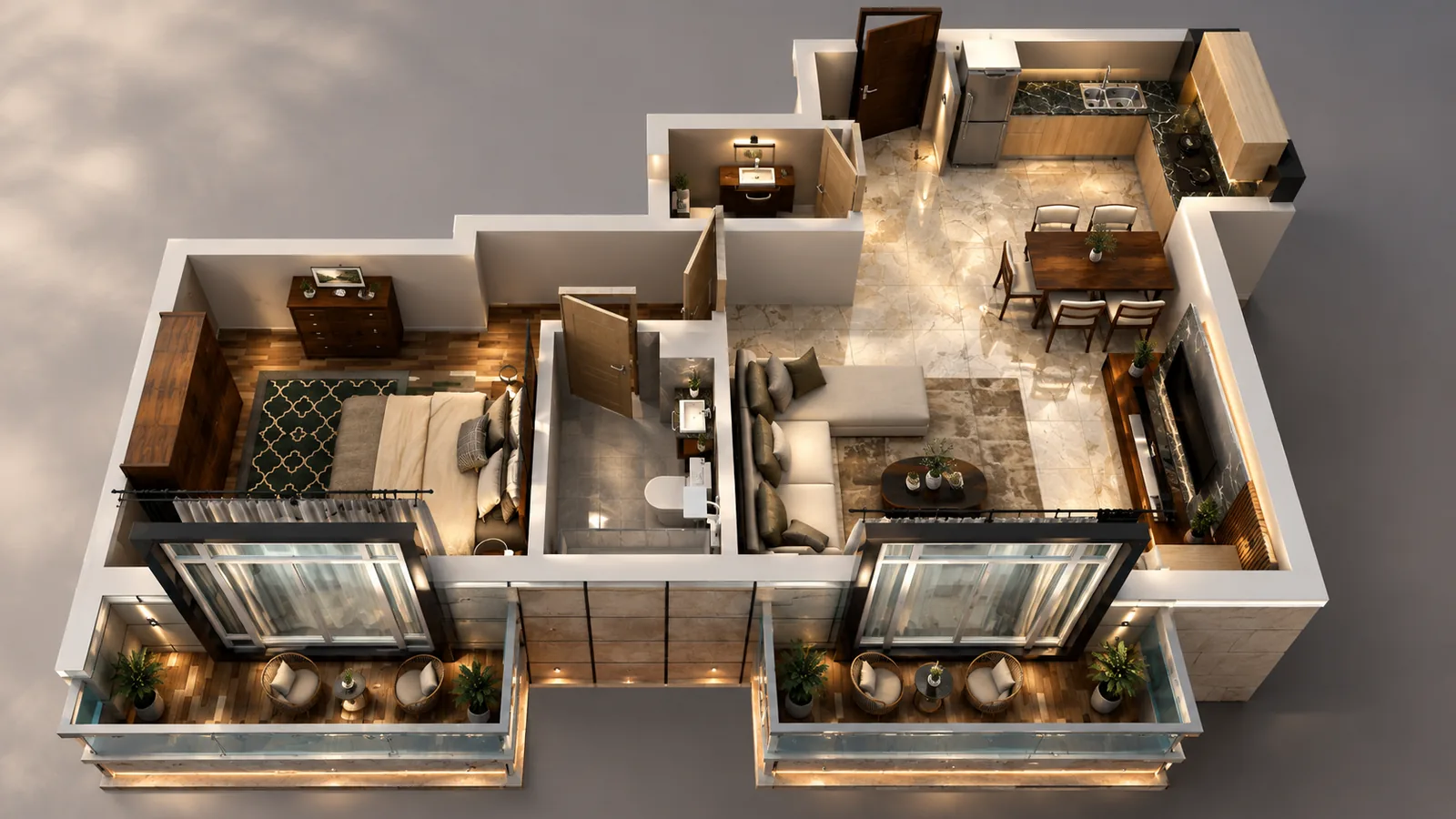 One-bedroom type as a 3D plan with living room, kitchen and balcony