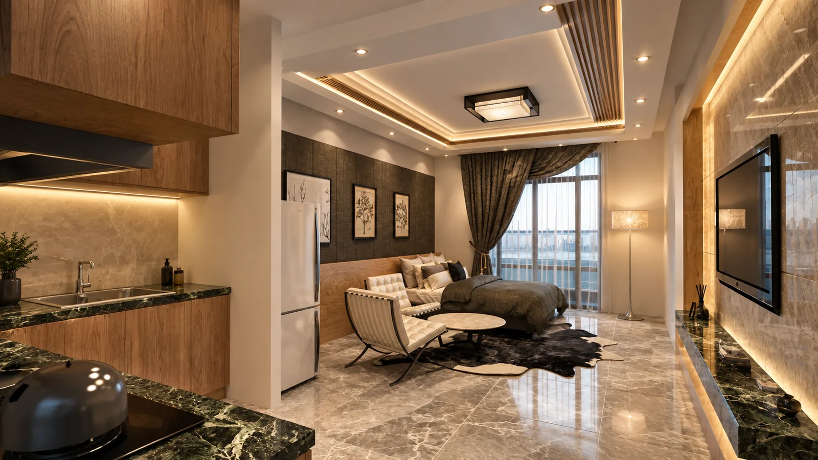 Open kitchen joined to the living room, with a lounge chair by the window
