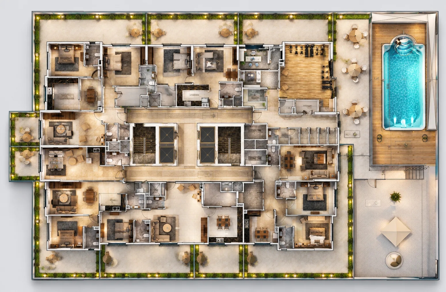 Podium level of the compound with apartments, a gym and a residents’ pool deck