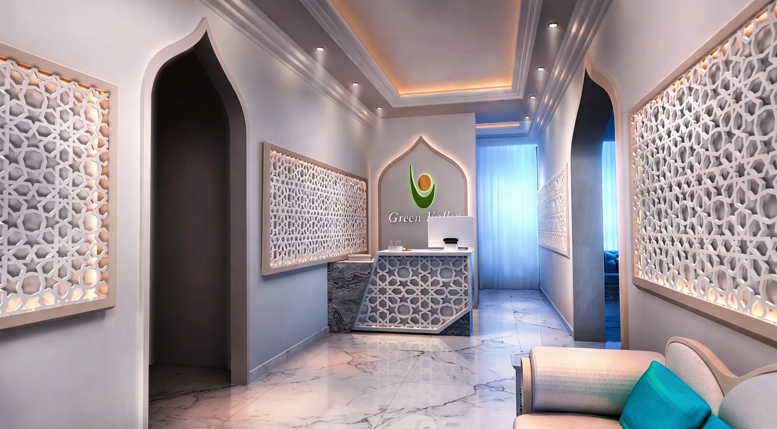Waiting area beside the reception, under tall pointed arches