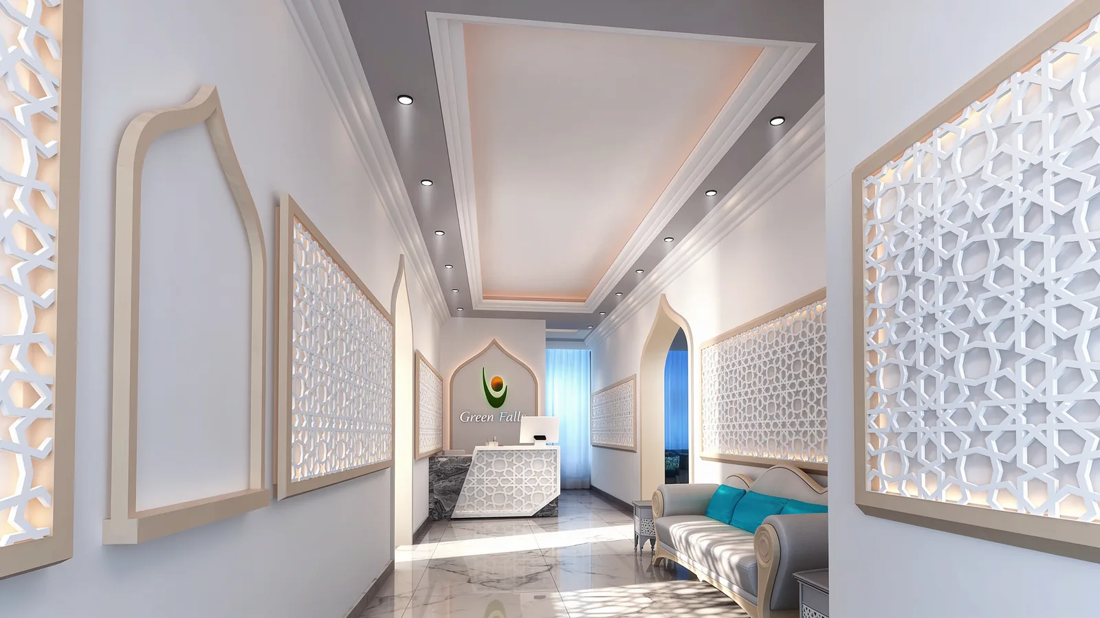 Green Valley Office, Dubai (2017): Islamic-Style Majlis, Reception and Meeting Rooms | Kenania Inventive Arts Corridor of arched niches and backlit lattice leading to the reception