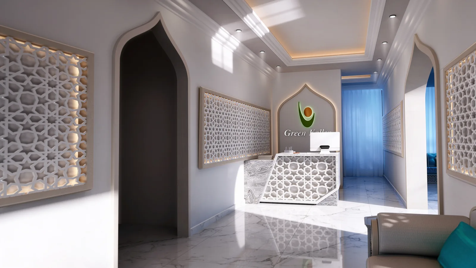 Reception in daylight with lattice panels, arched doorways and a turquoise sofa