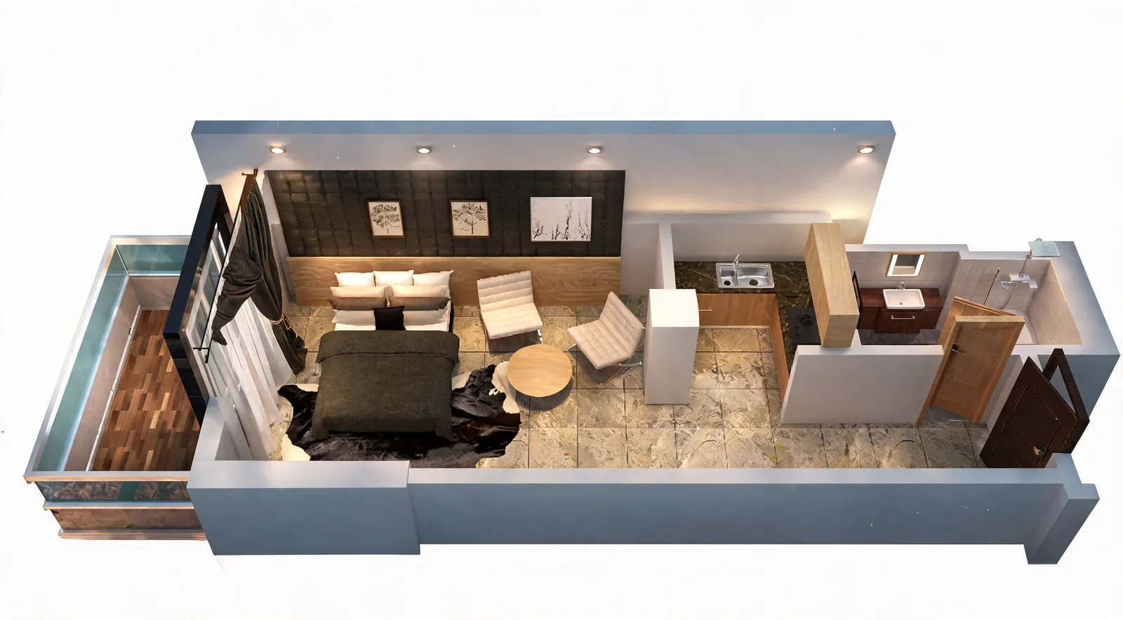 Studio apartment as a 3D plan: bed, lounge, kitchenette and bathroom in one room