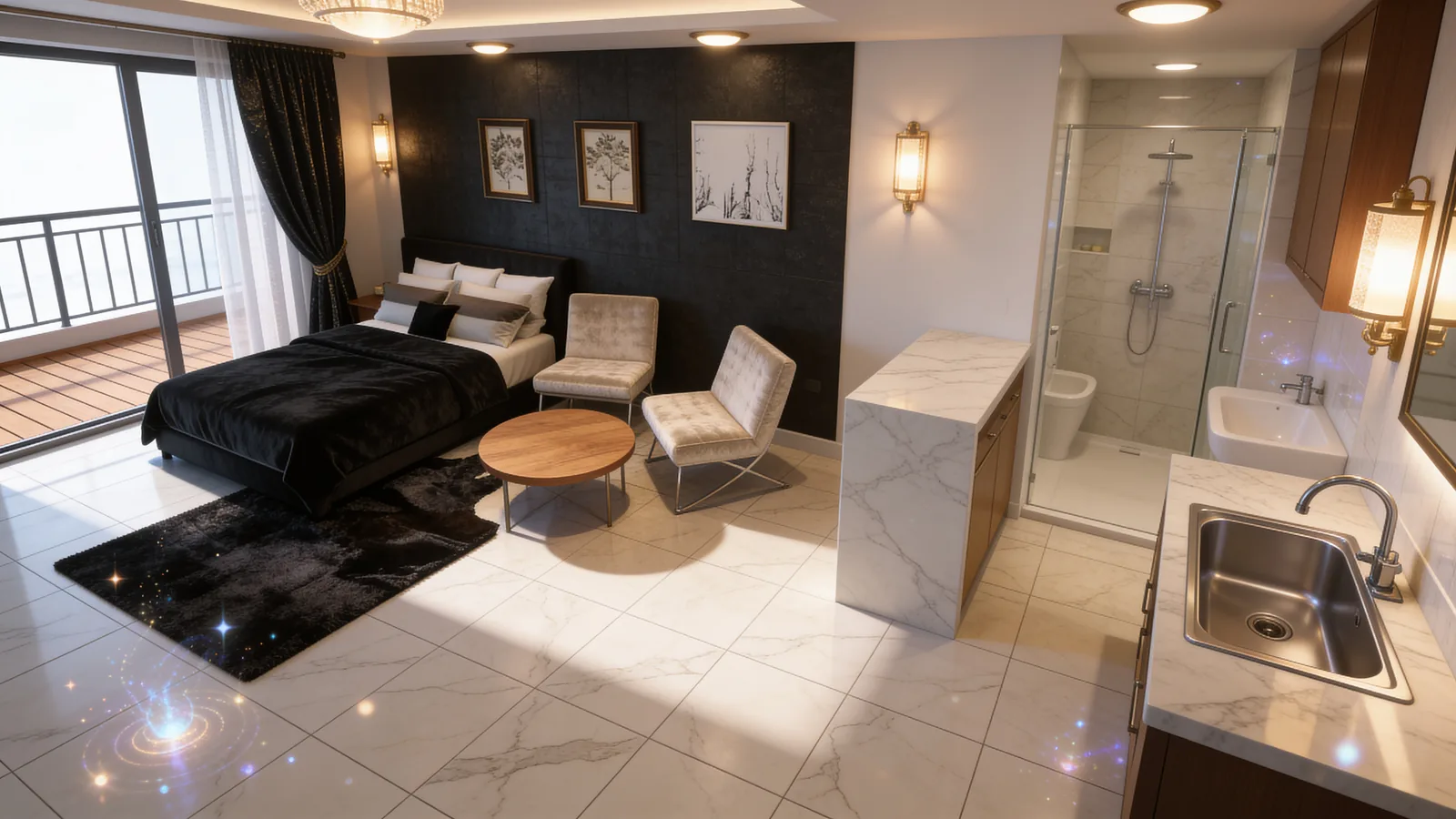 Studio bed and lounge corner with a dark feature wall and floor-to-ceiling window