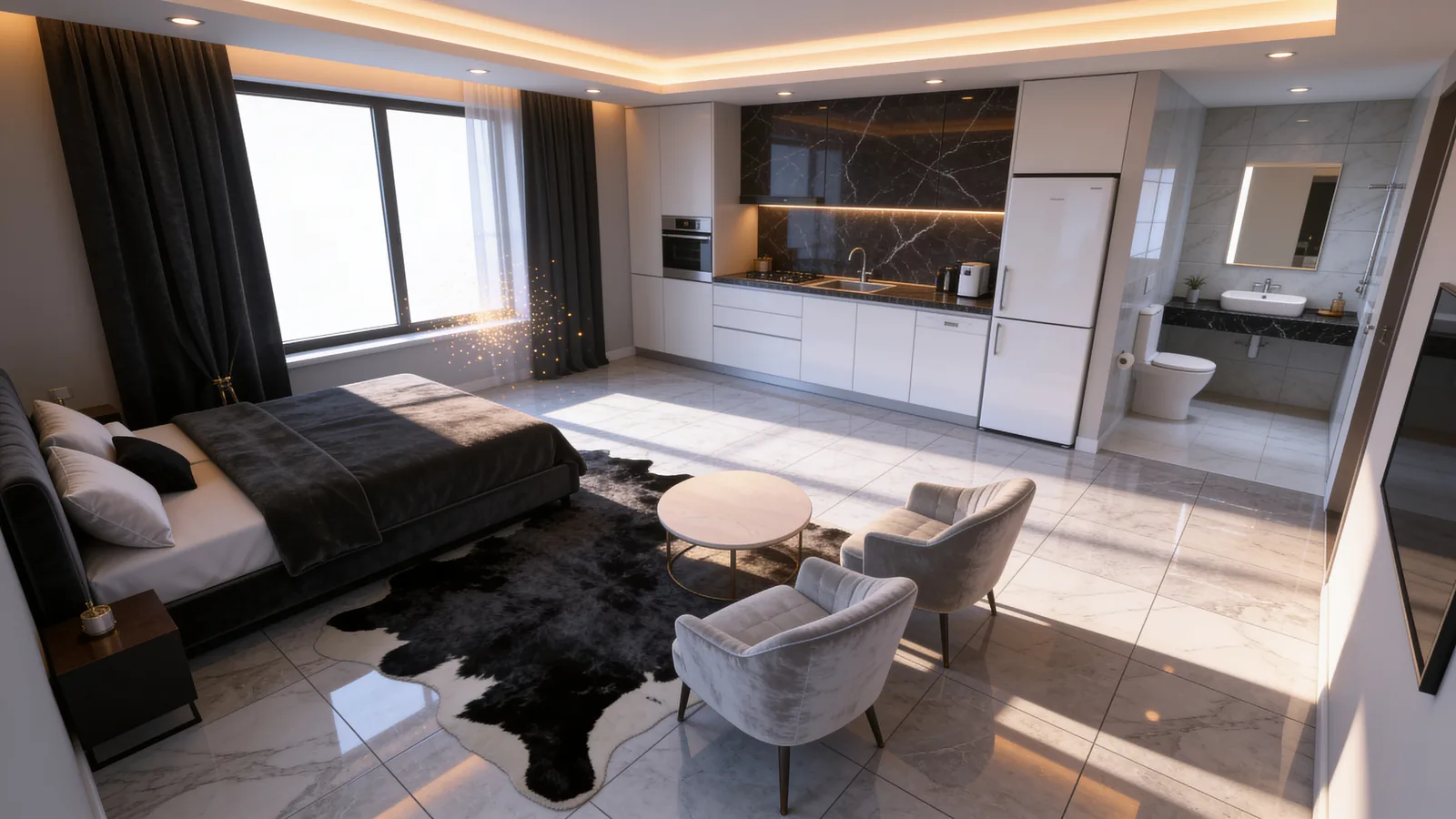 Studio interior: bed, lounge chairs and a white kitchen along one wall
