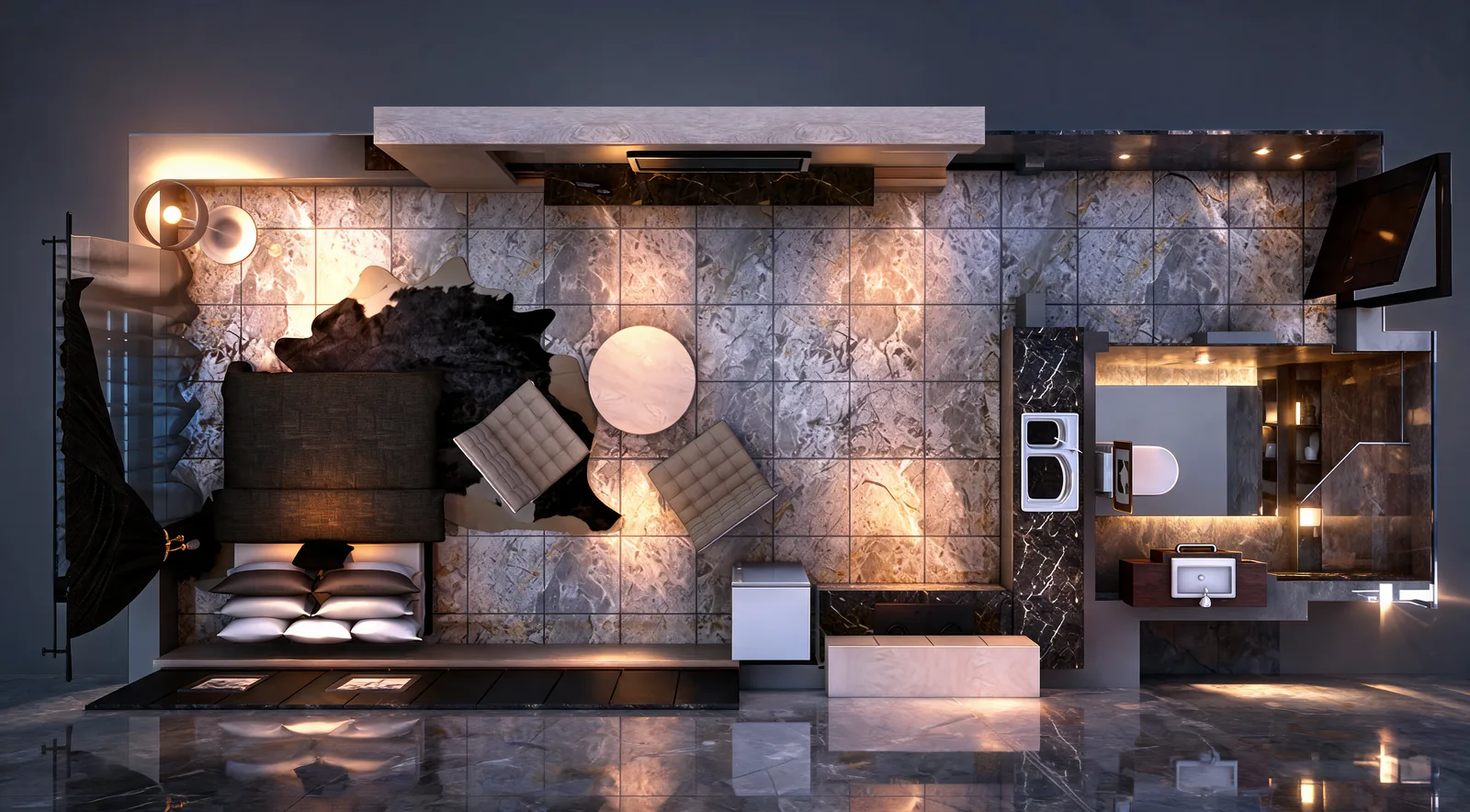 Top view of the studio layout with stone floor and dark accents