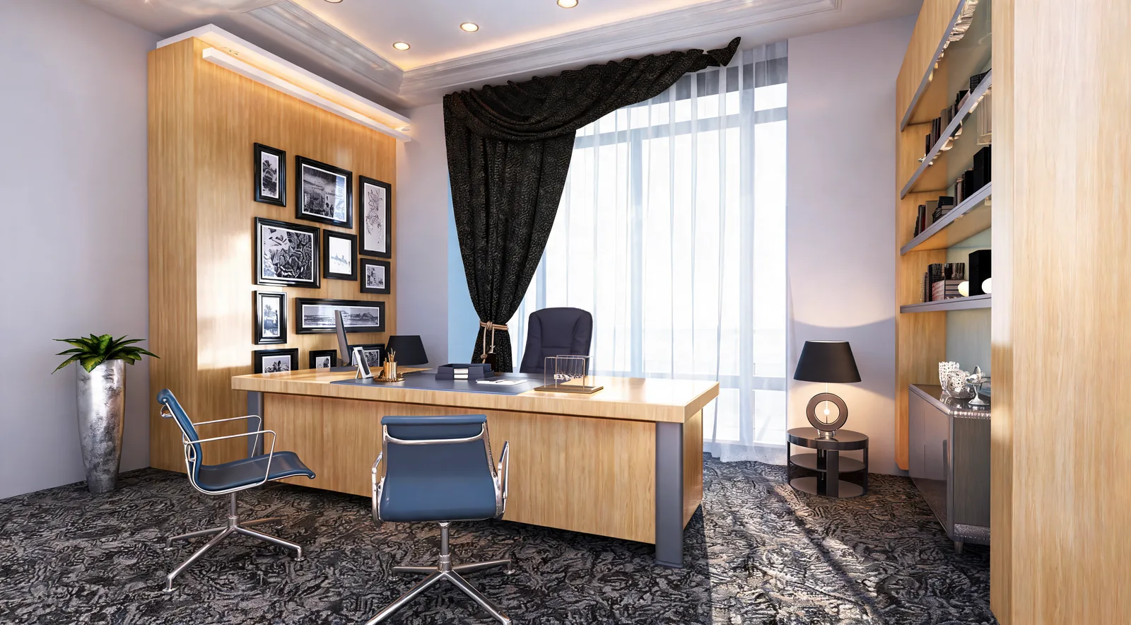 Study room with built-in shelving and a desk facing the room