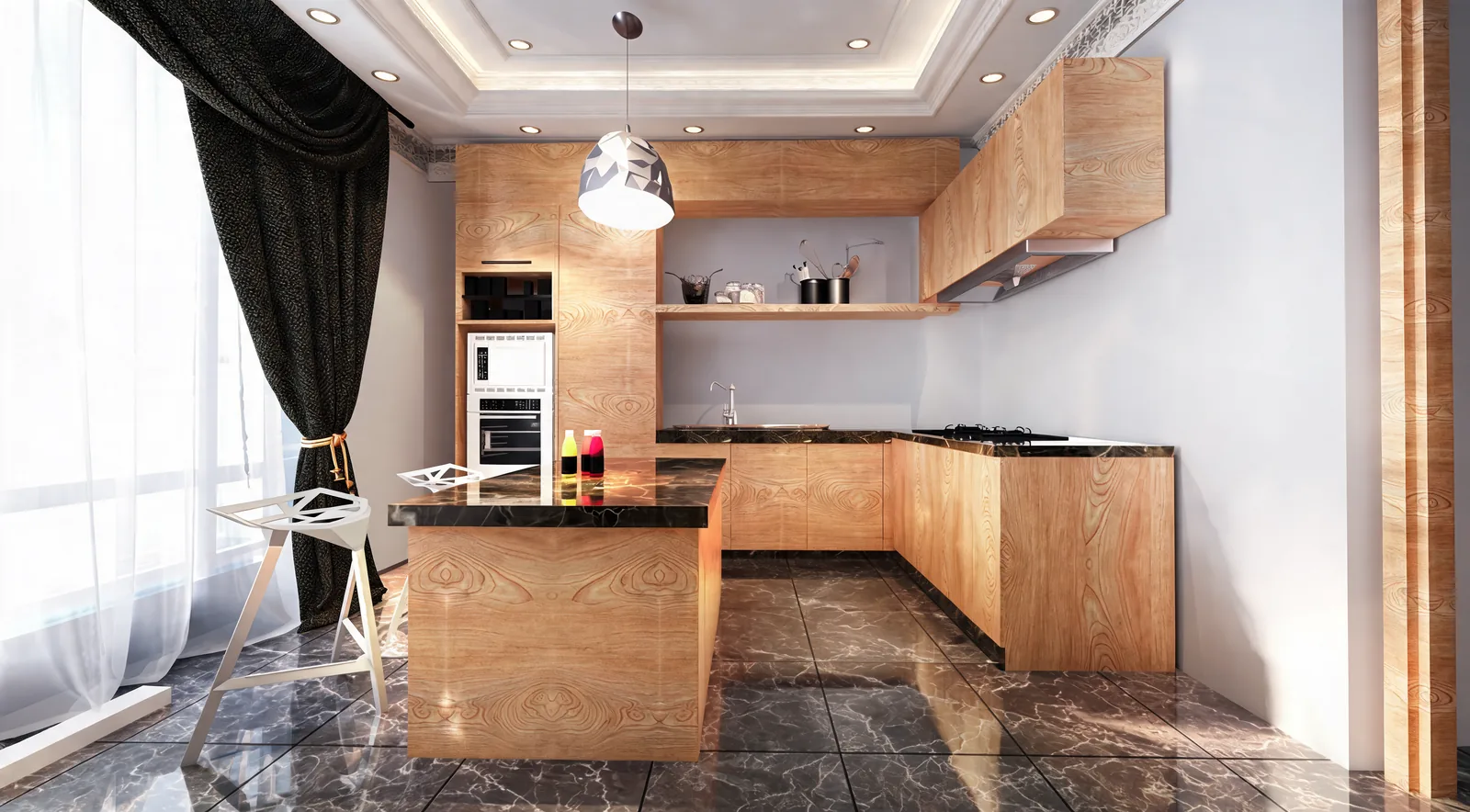 Timber kitchen with an island, pendant light and marble floor