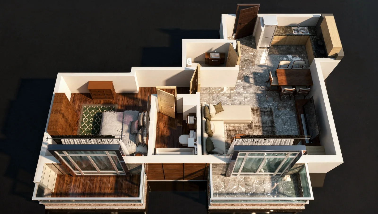 Two-bedroom type as a 3D plan with two balconies