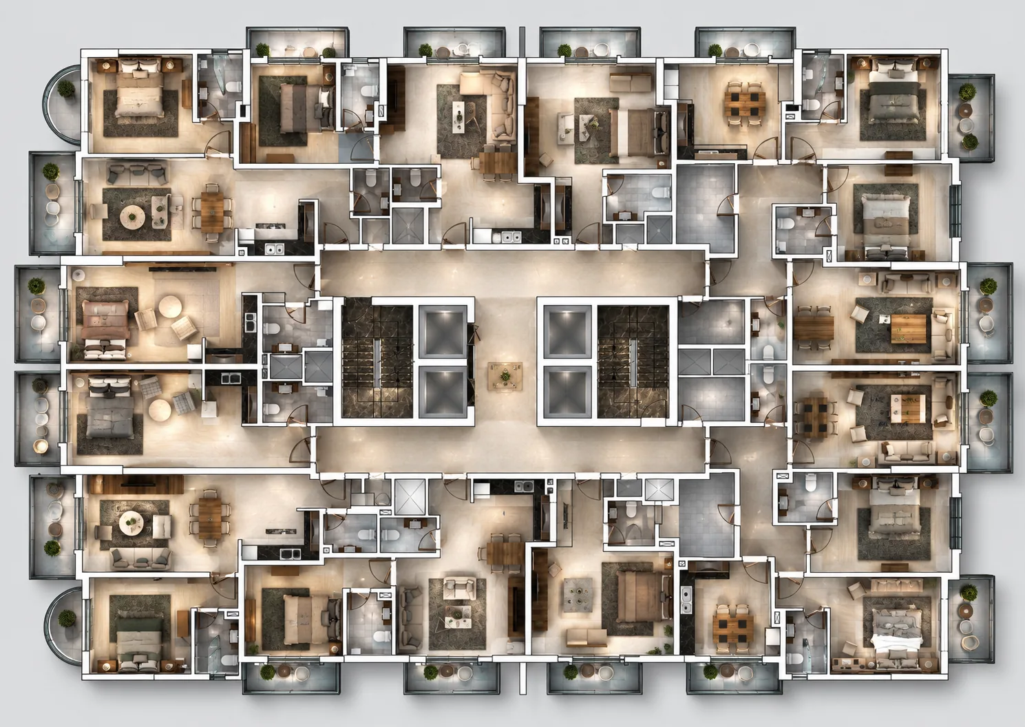 Apartment interior design: Typical floor plan of the Green Valley building rendered from above: apartments around two lift cores