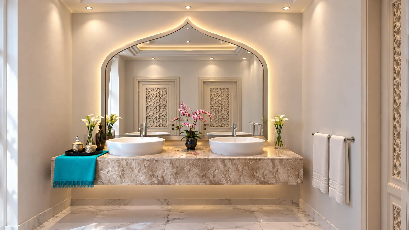 Green Valley Office, Dubai (2017): Islamic-Style Majlis, Reception and Meeting Rooms | Kenania Inventive Arts Washroom with a double marble vanity under an arched mirror