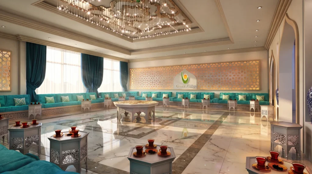 Majlis with turquoise seating, a lattice wall with the Green Valley logo and a crystal ceiling