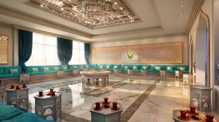 Green Valley Office, Dubai (2017): Islamic-Style Majlis, Reception and Meeting Rooms | Kenania Inventive Arts Majlis with turquoise seating, a lattice wall with the Green Valley logo and a crystal ceiling