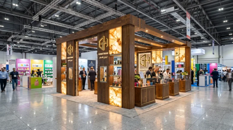 Mall Kiosk Design: Four Kiosks from Concept to a Built Unit in Sunway Pyramid | Kenania Inventive Arts Ghreiwati perfume kiosk in dark timber with backlit onyx panels on a mall walkway, Dubai