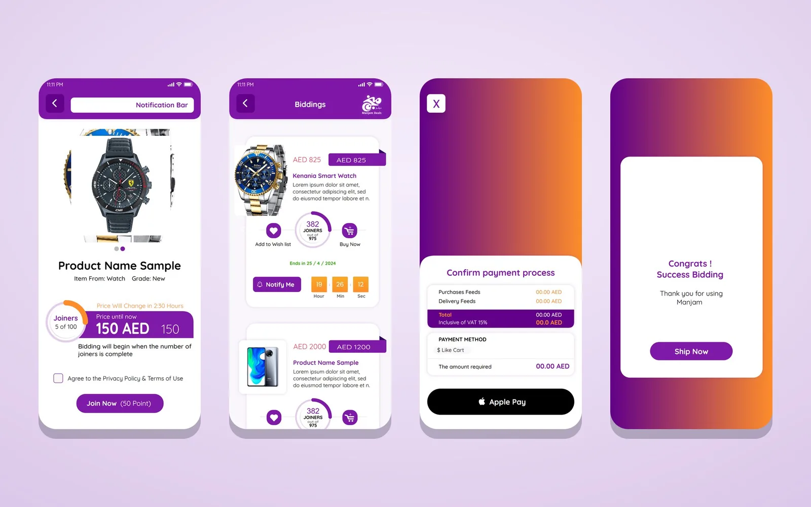 Manjam Deals: Bidding App Design for Group Deals, Built for Like Card | Kenania Inventive Arts Manjam bidding flow: joiners meter, live biddings with countdowns, payment confirmation and success