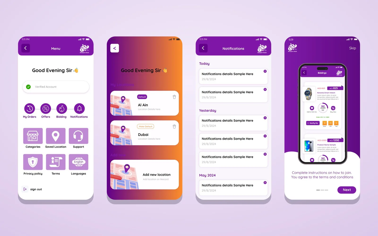 Manjam Deals: Bidding App Design for Group Deals, Built for Like Card | Kenania Inventive Arts Manjam menu, saved locations, notifications and the about screens