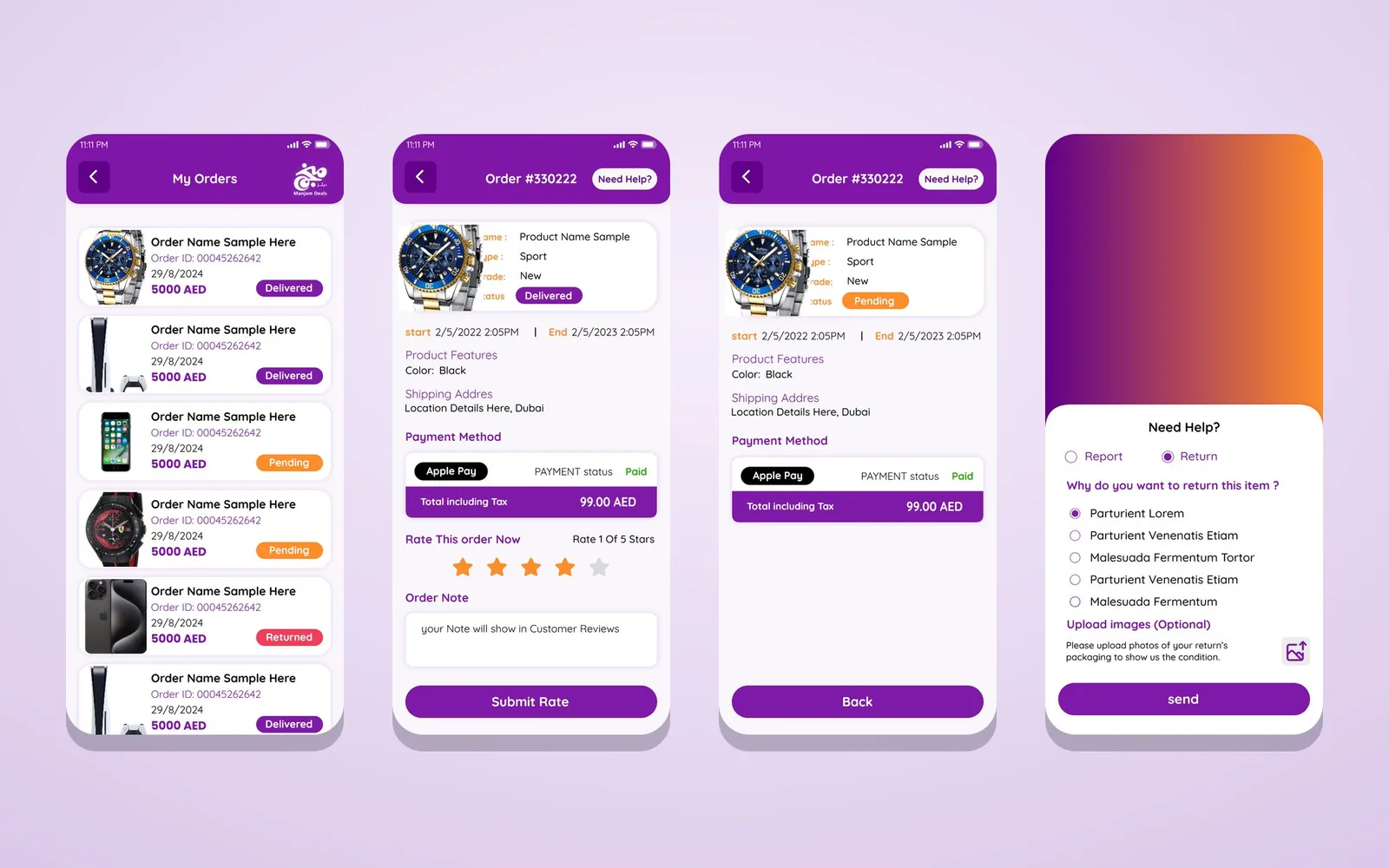Manjam Deals: Bidding App Design for Group Deals, Built for Like Card | Kenania Inventive Arts Manjam orders: order list, delivered and pending order details, and the report or return form