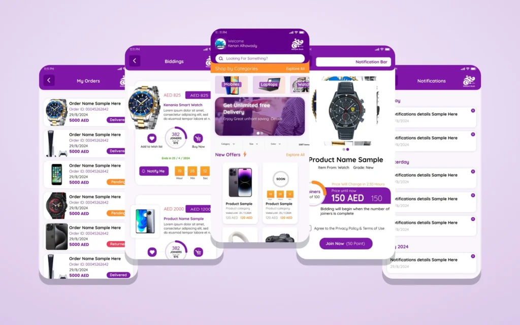 Manjam Deals: Bidding App Design for Group Deals, Built for Like Card | Kenania Inventive Arts Bidding app design for Manjam Deals: orders, biddings, home, product and notification screens