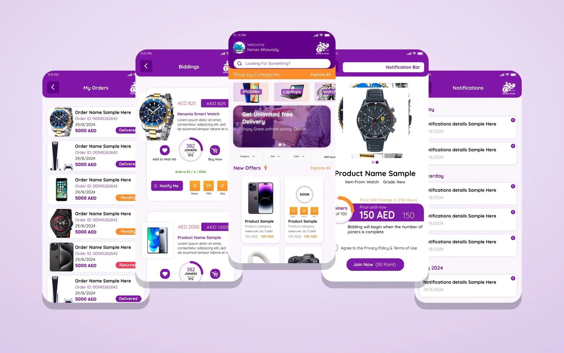 Manjam Deals: Bidding App Design for Group Deals, Built for Like Card | Kenania Inventive Arts Bidding app design for Manjam Deals: orders, biddings, home, product and notification screens