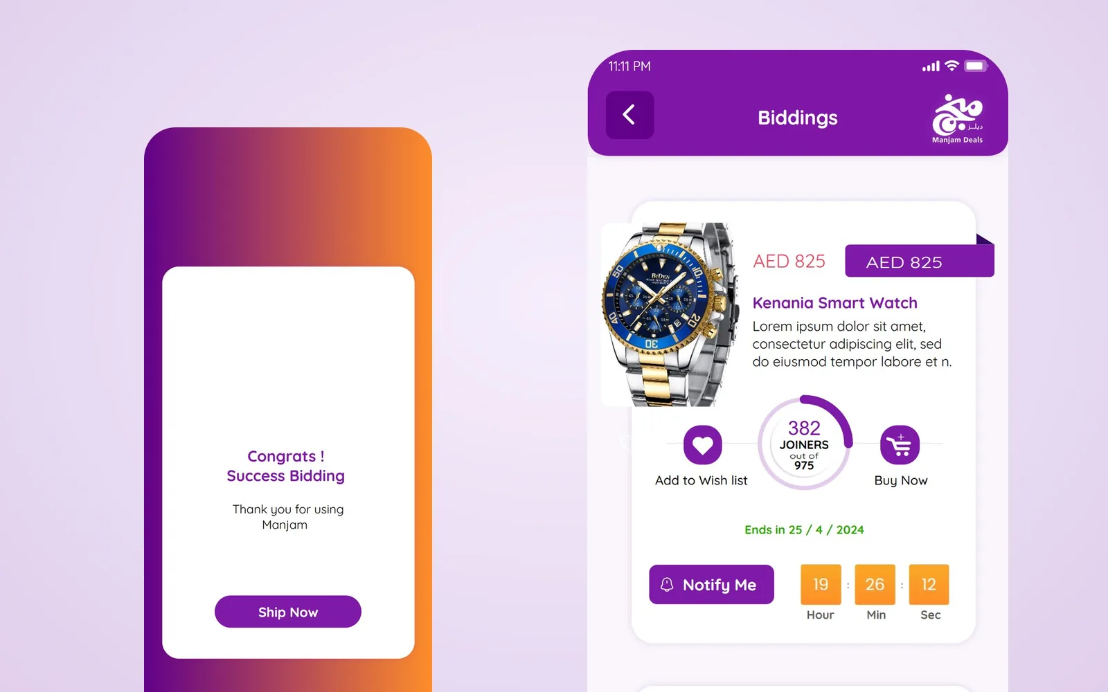 Manjam Deals: Bidding App Design for Group Deals, Built for Like Card | Kenania Inventive Arts Manjam live biddings beside the success screen