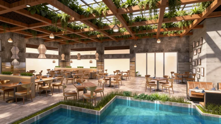 Multi-Cuisine Restaurant Complex: Five Dining Halls Around a Pool | Kenania Inventive Arts Malaysian dining hall of the multi-cuisine restaurant: tables along an indoor pool under timber beams