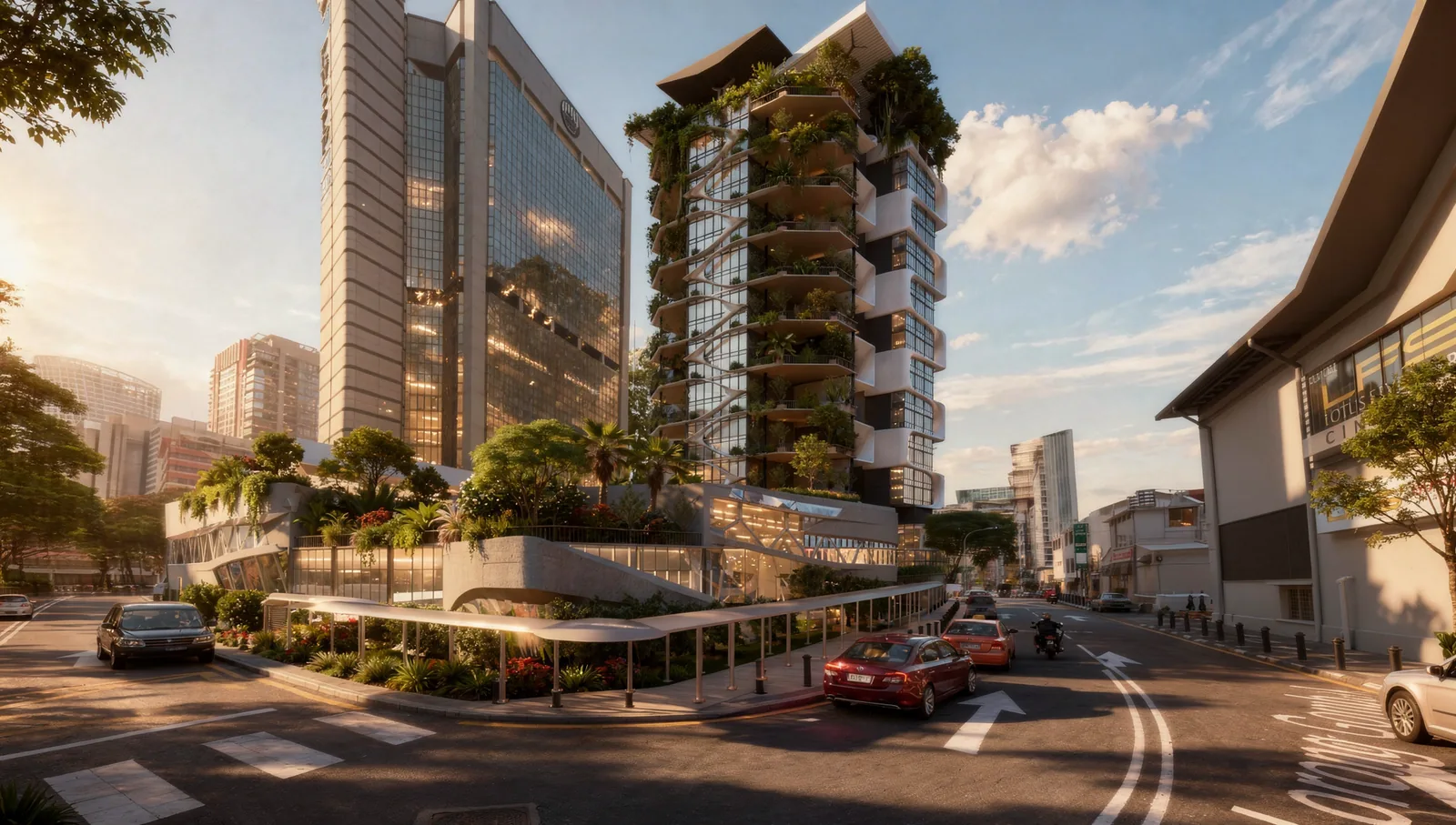 The tower from the crossroads: planted balconies above, a shaded retail podium with a covered walkway at street level