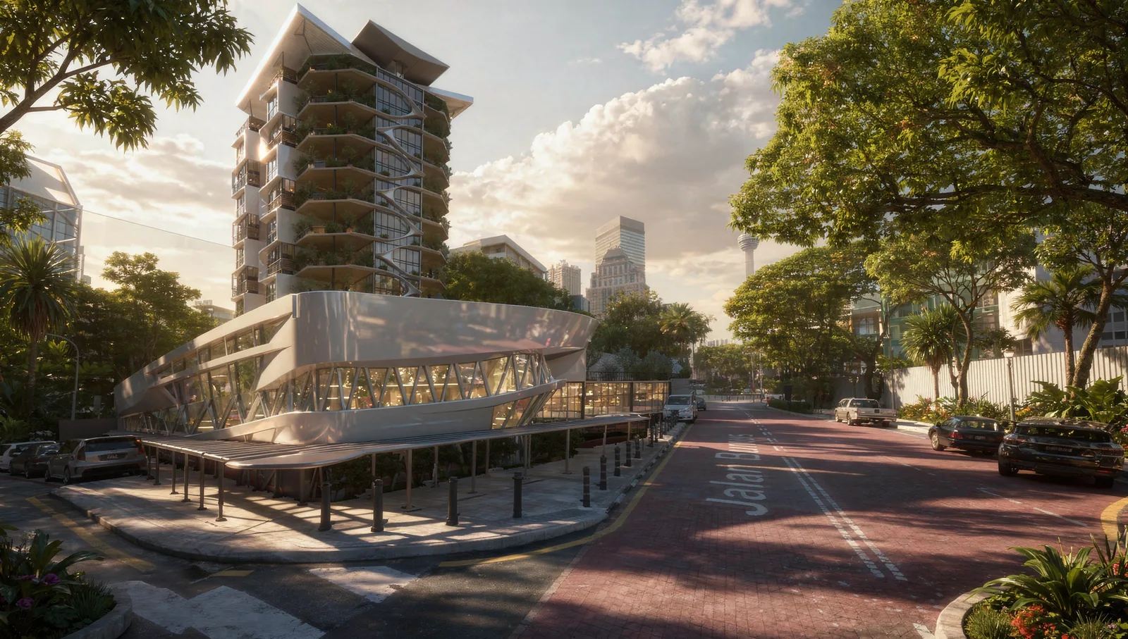 Curved white podium with diagonal steel bracing and a canopy over the pavement, the tower rising behind