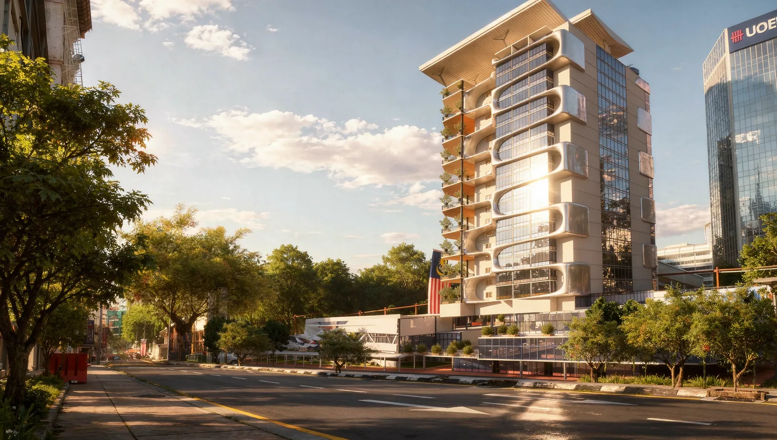 Mixed-use tower design: The tower and its curved commercial podium along the street, with trees and the city skyline behind