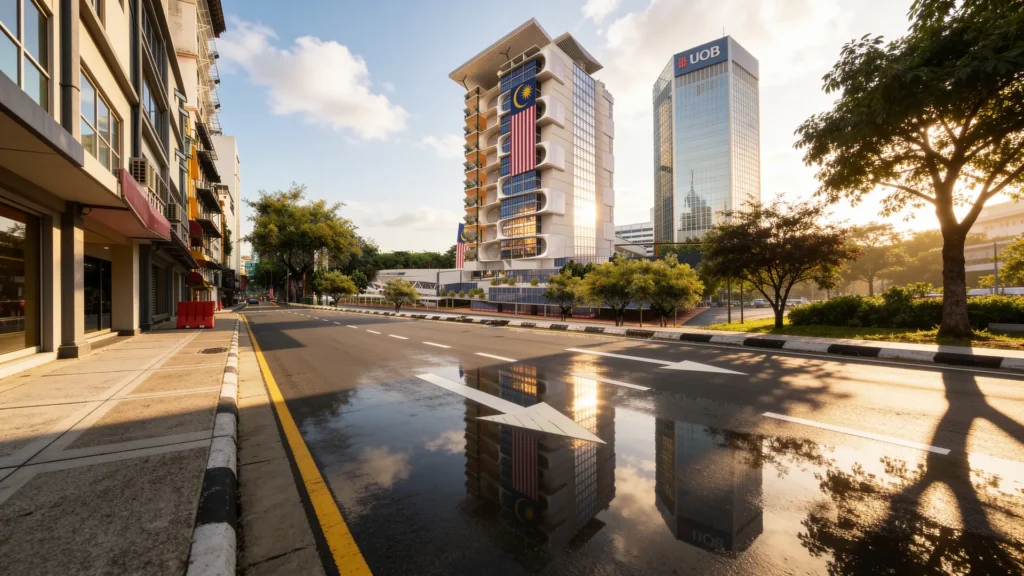 Mixed-use tower design in Kuala Lumpur: residential tower with planted balconies on a commercial podium, seen from the street at sunset