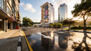 Residential and Commercial Tower in Kuala Lumpur: Planted Balconies on a Curved Podium | Kenania Inventive Arts Mixed-use tower design in Kuala Lumpur: residential tower with planted balconies on a commercial podium, seen from the street at sunset