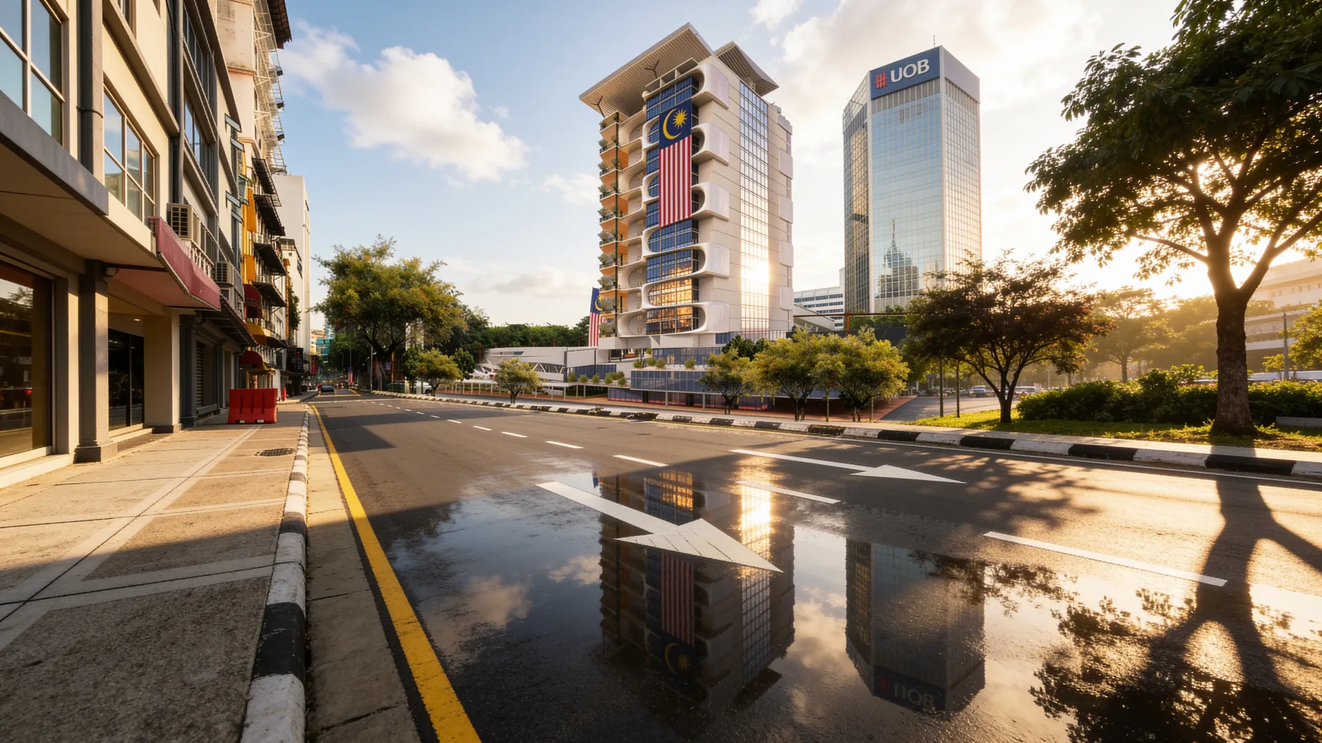 Mixed-use tower design in Kuala Lumpur: residential tower with planted balconies on a commercial podium, seen from the street at sunset
