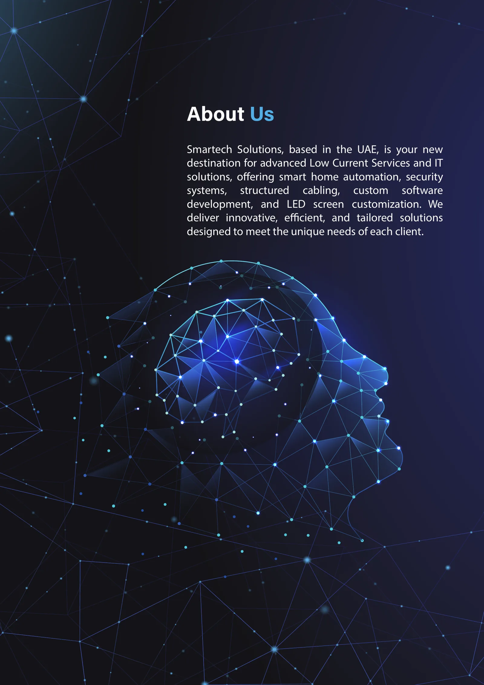 Smartech Solutions company profile: the About Us page in navy with a network globe