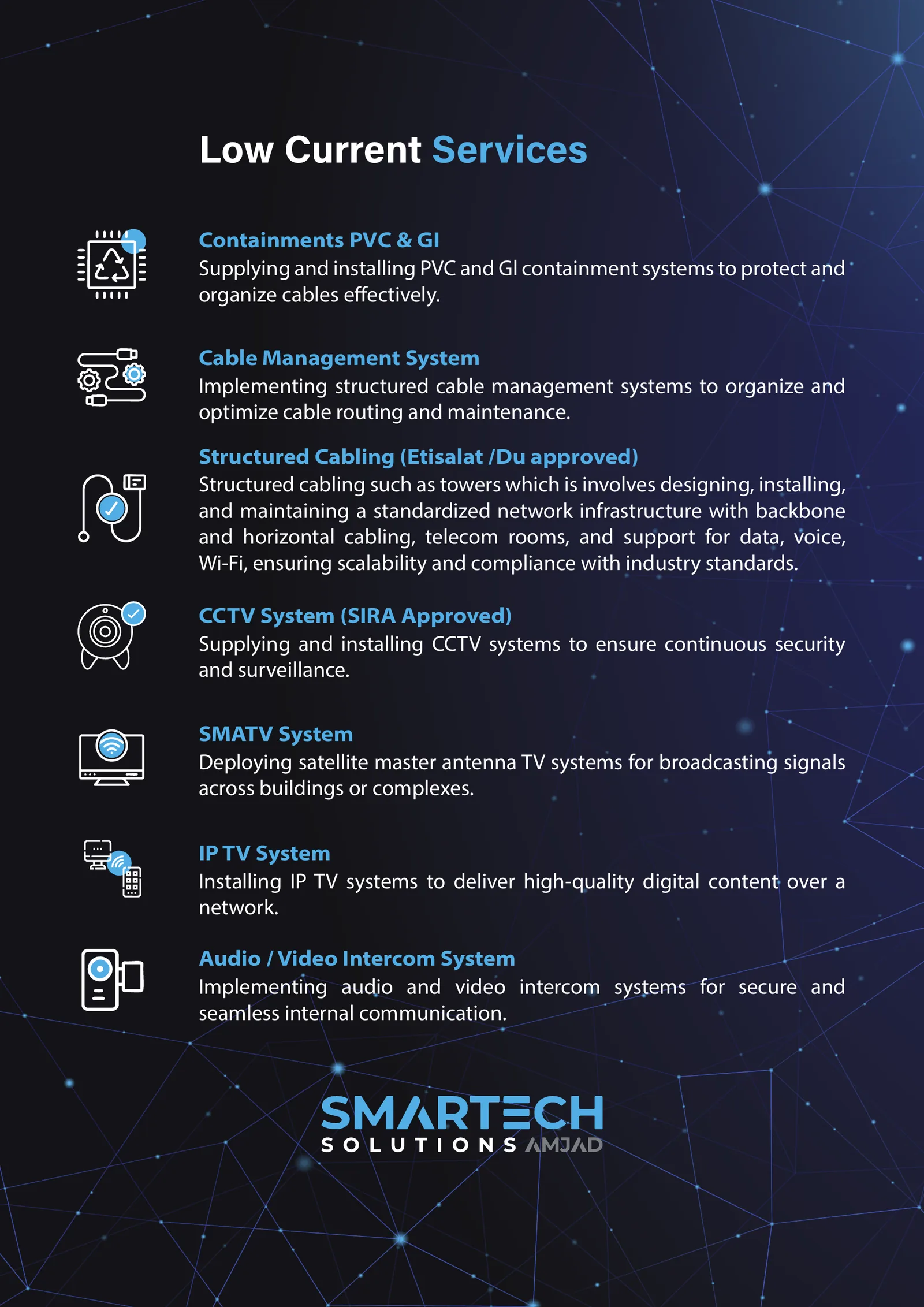 Smartech Solutions company profile: the Low Current Services page with line icons