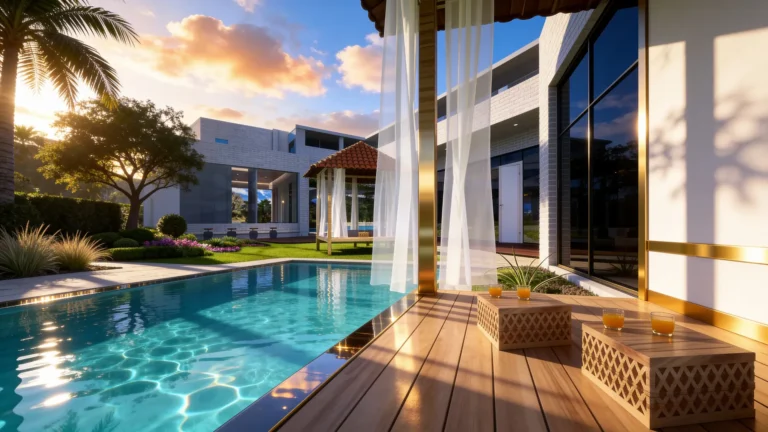 Spa cabana with sheer drapes beside the lap pool at sunset, low carved tables on the timber deck