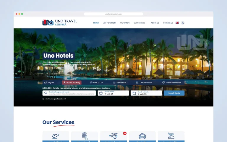 Uno Travel: Travel Booking Website Design for a Swedish Agency, from Flights to Umrah | Kenania Inventive Arts Travel booking website design for Uno Travel: the home page with tabbed search for flights, hotels, cars and tours