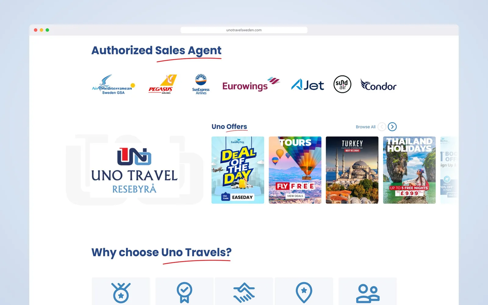 Travel booking website design: Uno Travel home: authorised airline partners, the offers carousel and why choose Uno Travel